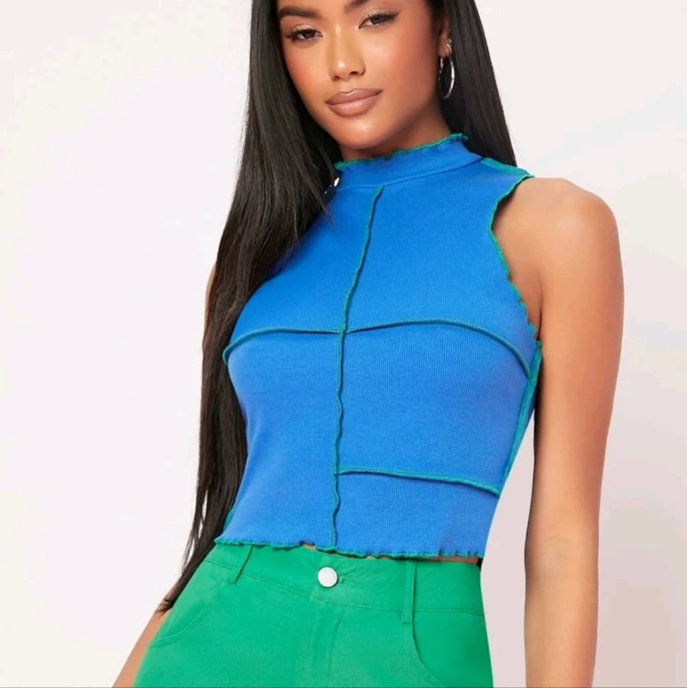 🌞 5 For $25 New Blue & Green Mock Neck Lettuce Trim Seam Front Tank Top XL - Picture 5 of 7